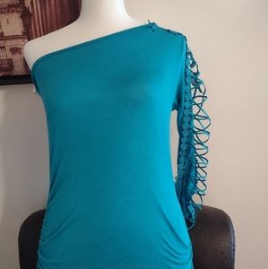 Express- Sexy Lace Sleeve, Aqua Green/Blue One shoulder top, size L (see desc.)